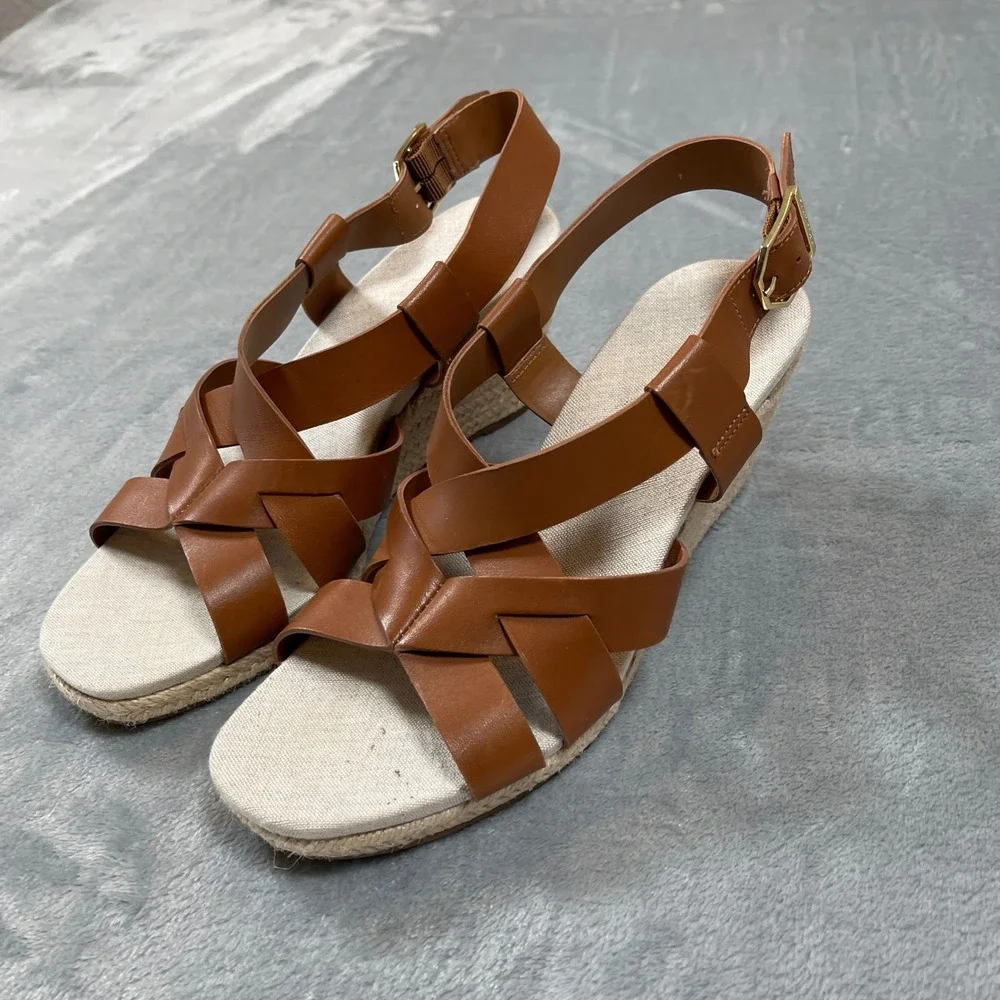 Cole Haan Grand 360 Size 6 Brown Leather Espadrille Wedge Slingback Buckle